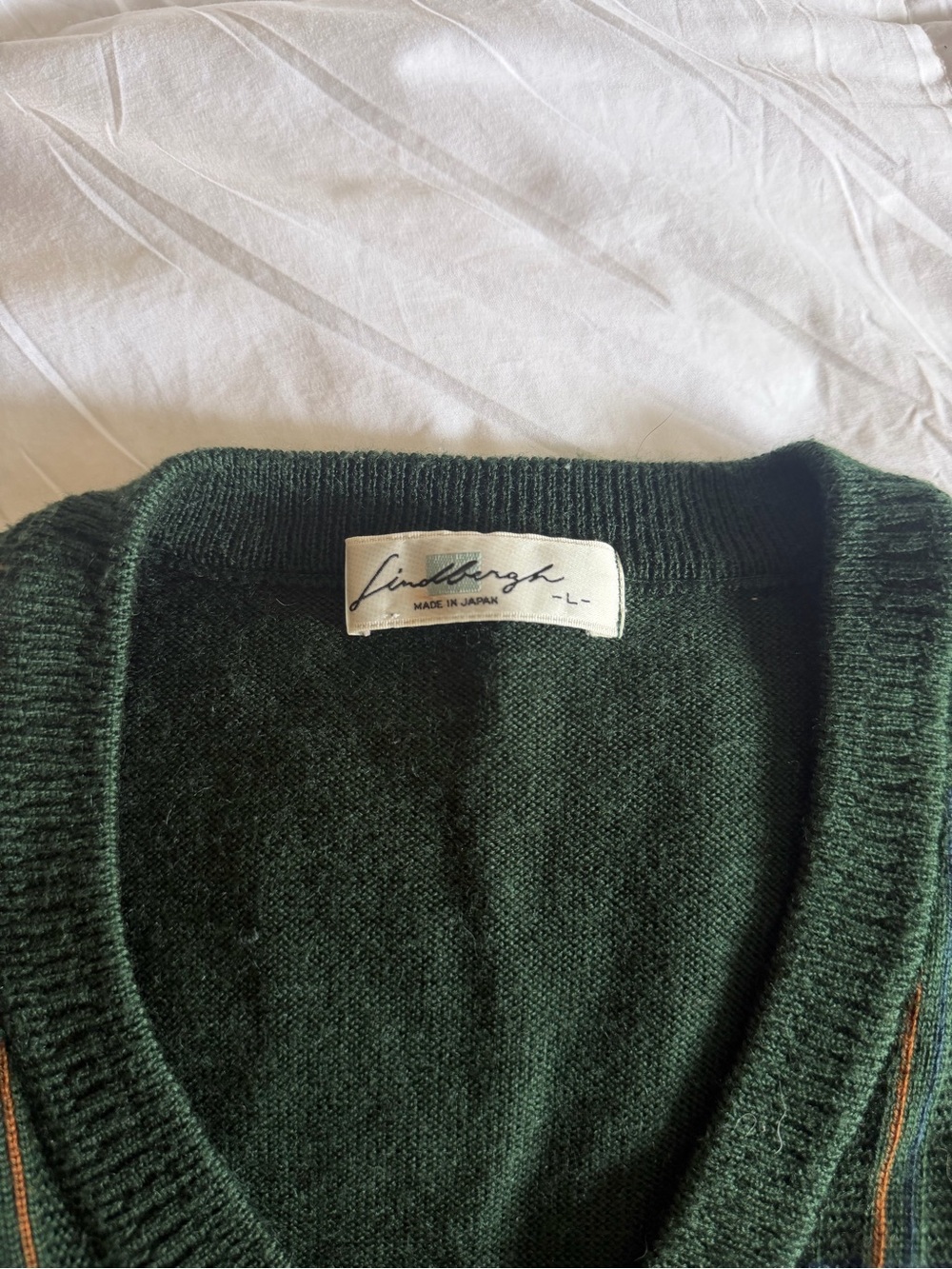 Vintage Men's V-Neck Sweater in Forest Green with Blue and Rust Stripes